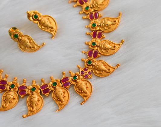 Matte finish Ganesha mango ruby-green necklace set dj-06861