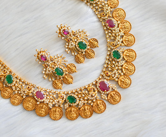 Matte finish cz ruby-emerald Lakshmi coin short haar set dj-33129
