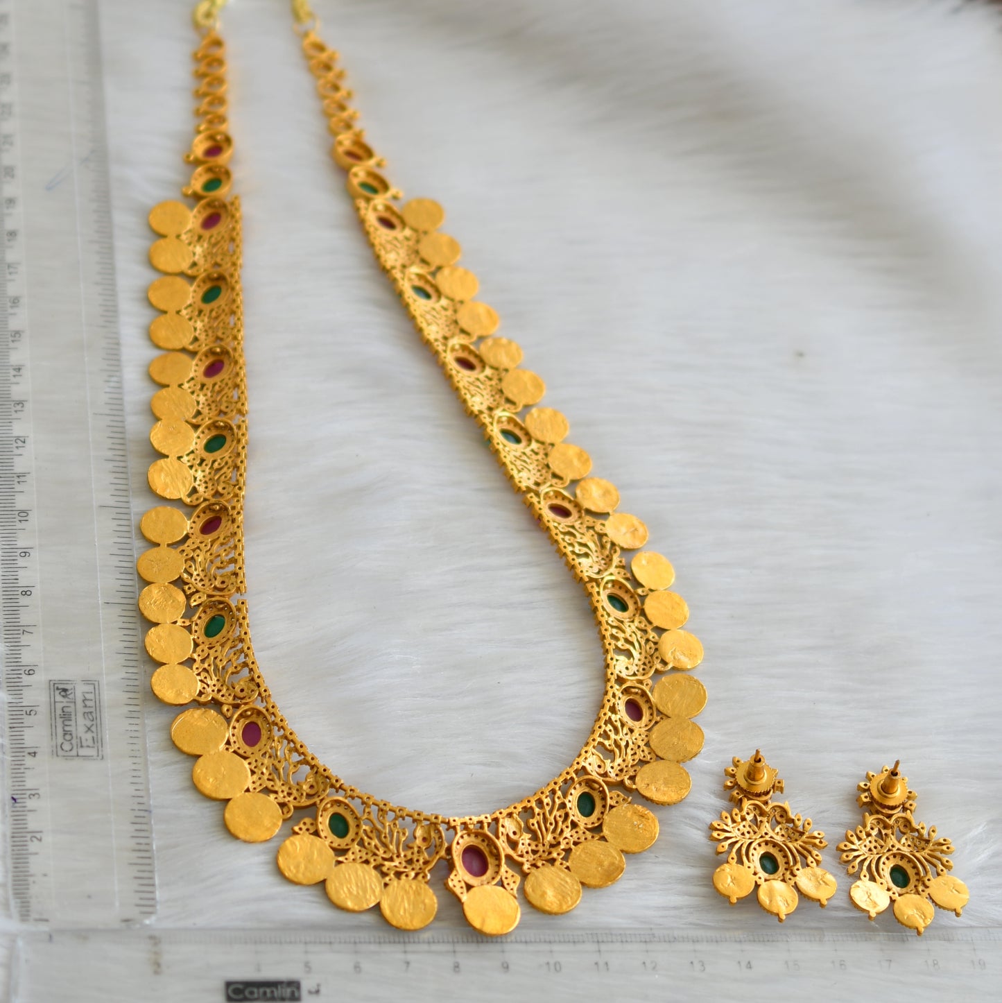 Matte finish cz ruby-emerald Lakshmi coin short haar set dj-33129