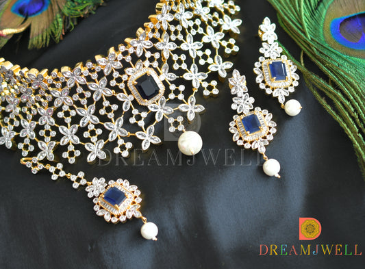 Two tone cz blue-white choker necklace set dj-14381
