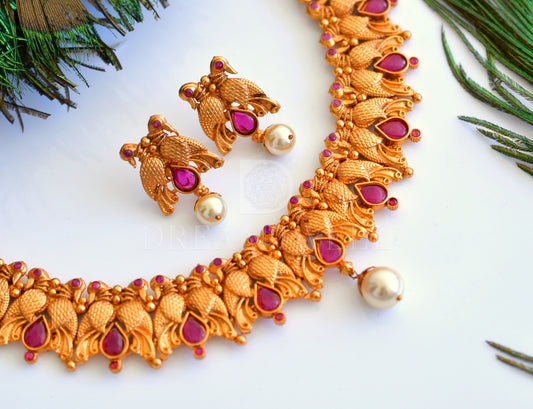 Matte Finish ruby peacock necklace set dj-10648