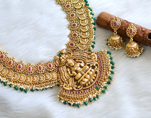 Matte finish kemp-green lakshmi coin haar set dj-34284