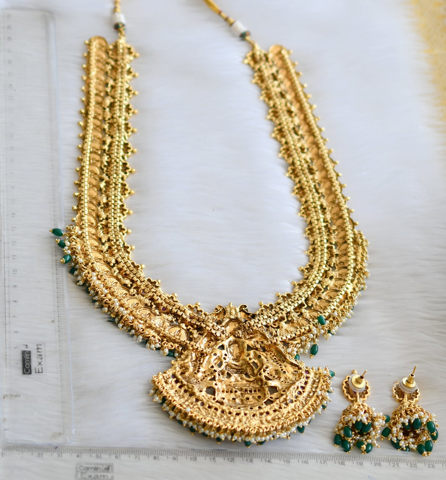 Matte finish kemp-green lakshmi coin haar set dj-34284