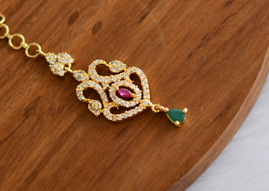 Gold tone cz ruby-green peacock maang tikka dj-08782