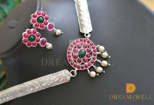 Silver Tone Real Kemp-green Floral Kante Choker Set DJ30860
