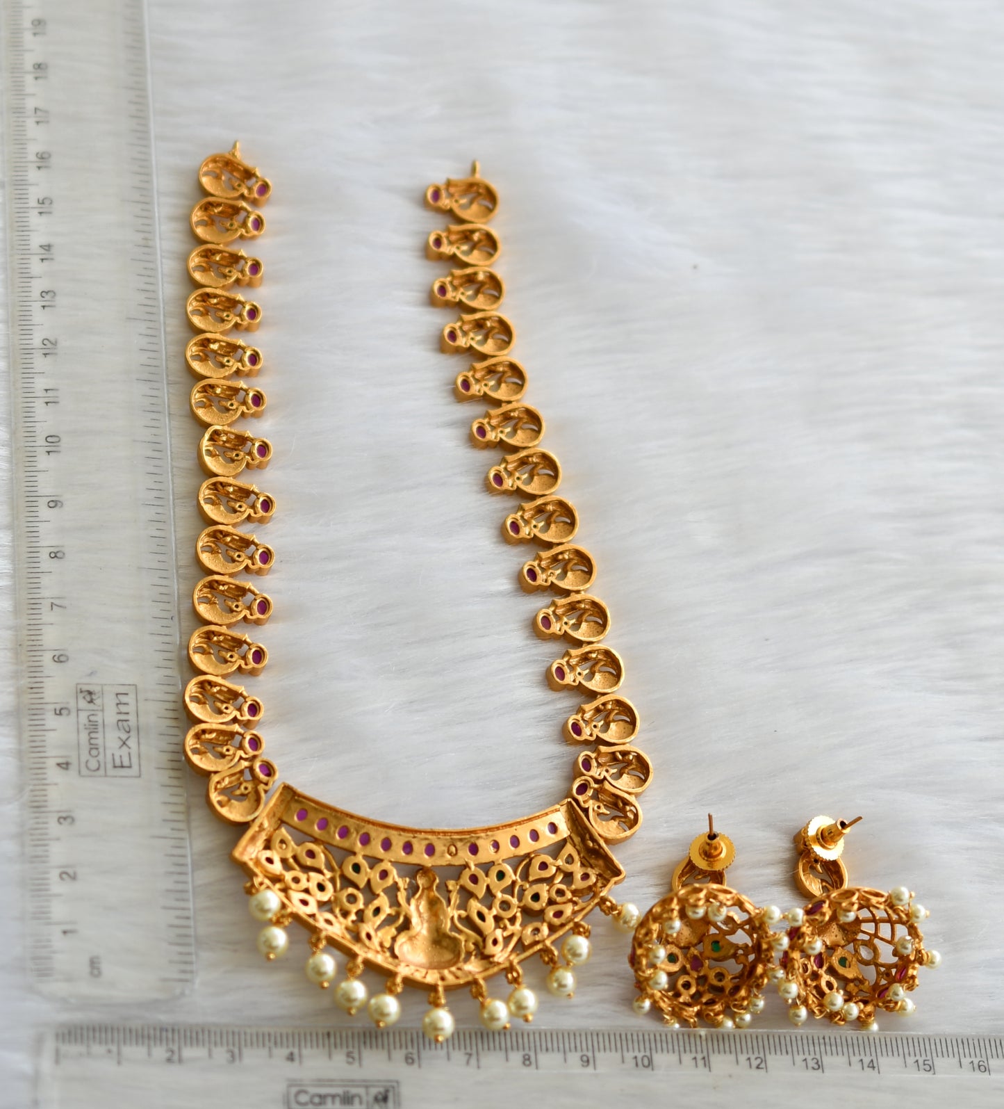 Matte finish cz kemp-green Lakshmi peacock necklace set dj-32524