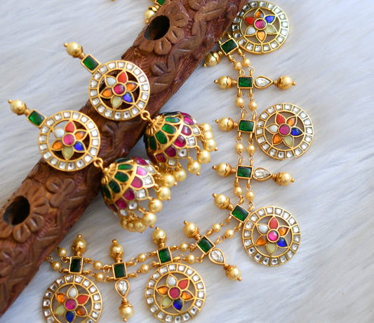 Antique gold look alike navarathna jadau kundan replica haar set dj-33253