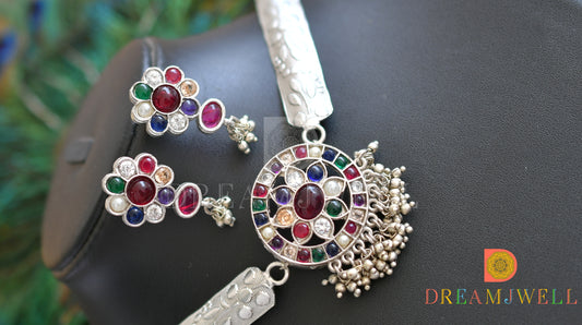 Silver Tone Navarathna Floral Kante Choker Set dj-30861
