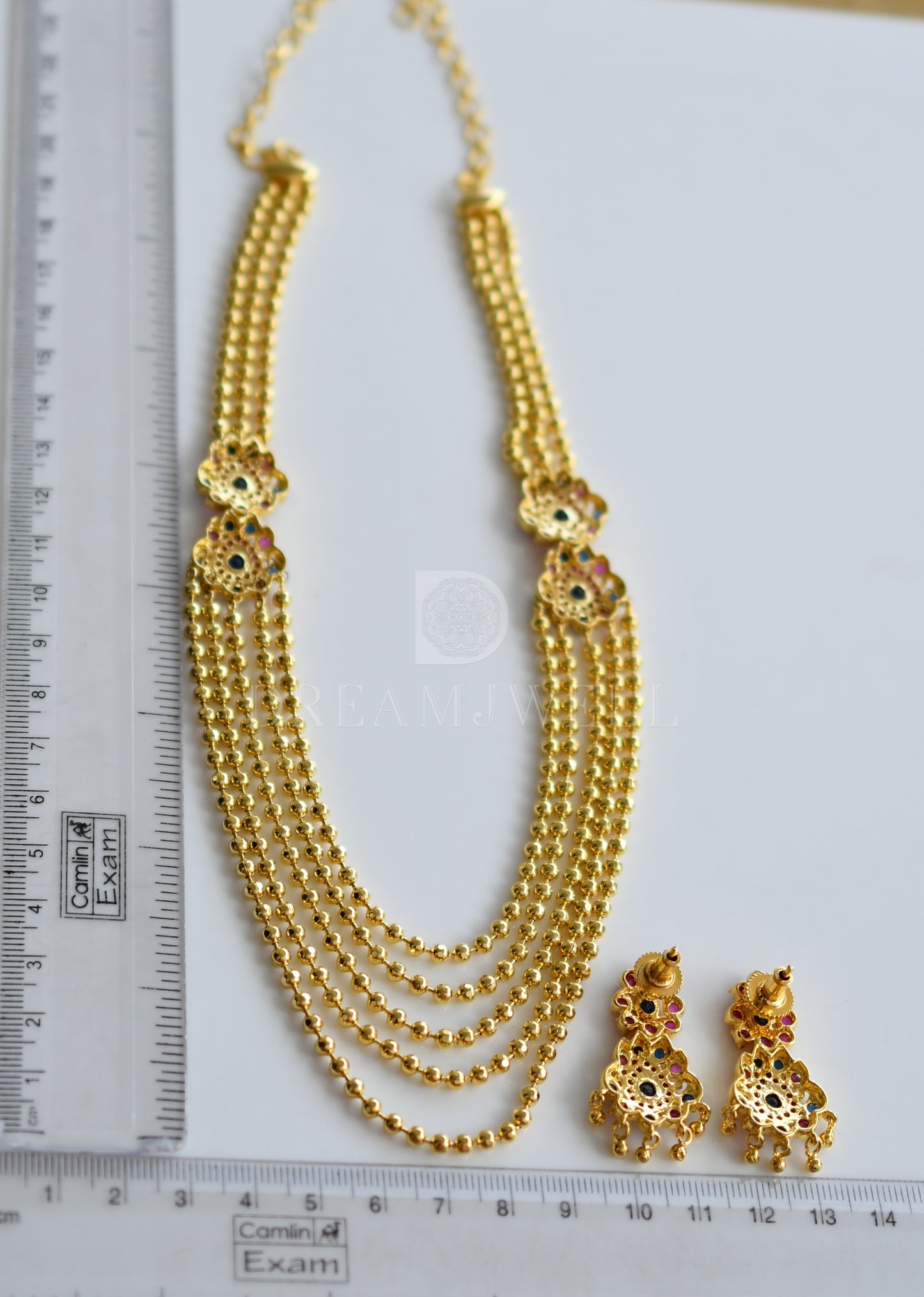 Gold tone ruby-blue Multilayer mugappu chain set dj-03495