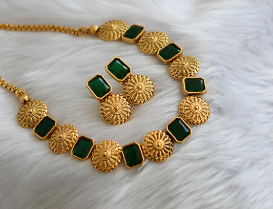 Antique gold tone round green block stone necklace set dj-38679