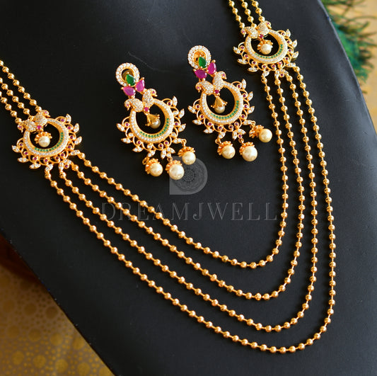 Gold tone multilayer cz ruby-emerald peacock mugappu necklace set dj-08857