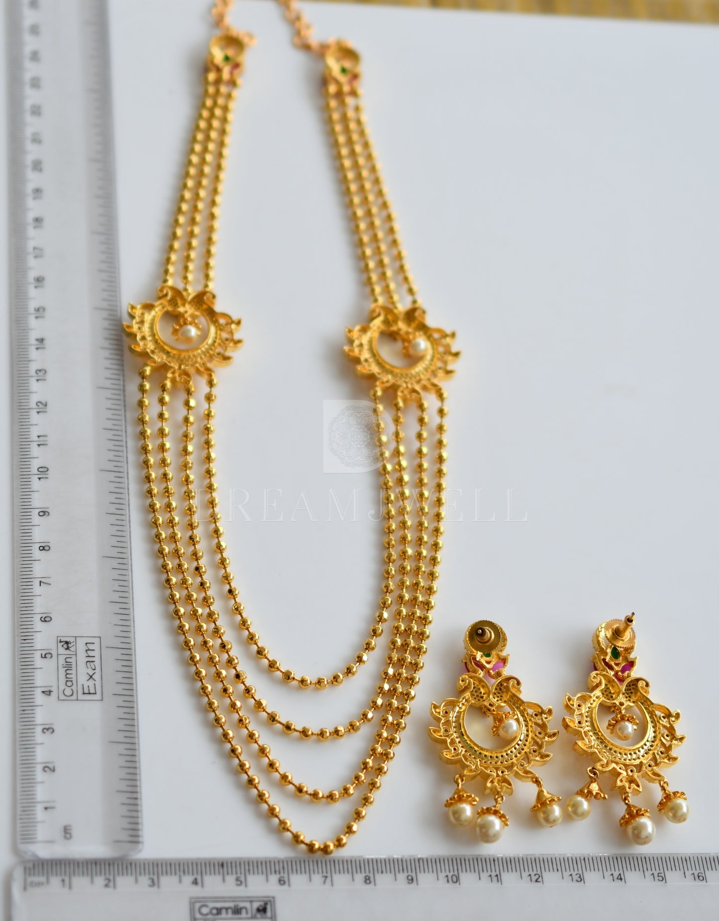 Gold tone multilayer cz ruby-emerald peacock mugappu necklace set dj-08857