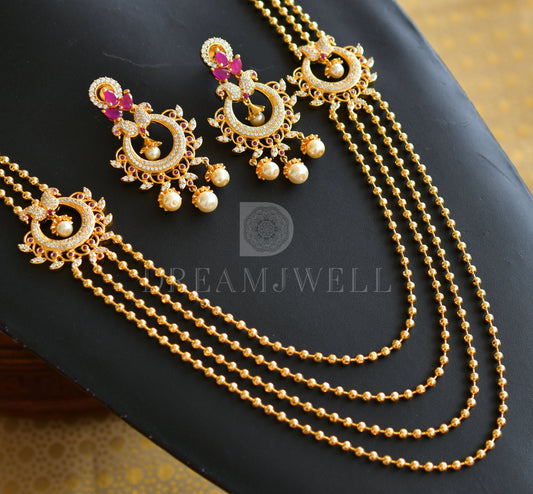 Gold tone multilayer cz ruby peacock mugappu necklace set dj-08856