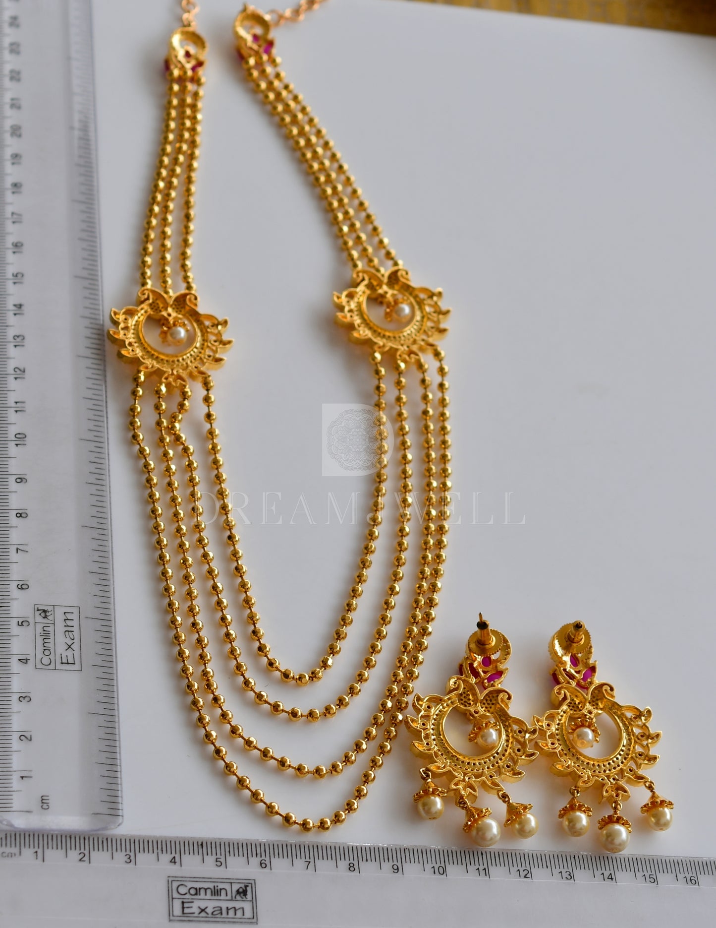 Gold tone multilayer cz ruby peacock mugappu necklace set dj-08856