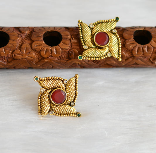 Antique gold tone pink-green swastik stud dj-14967