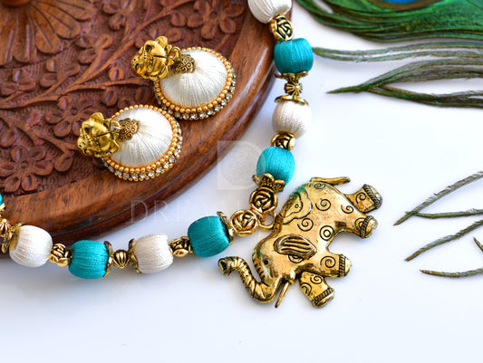 Antique white-green silk thread Elephant designer necklace set dj-35553