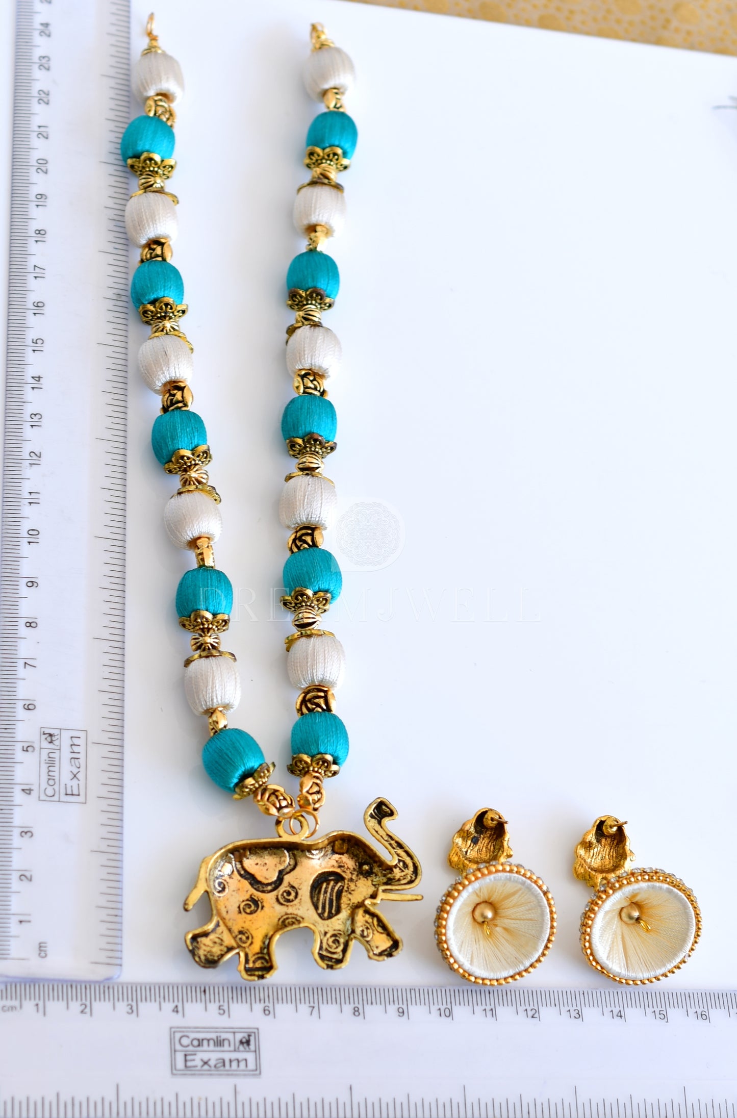 Antique white-green silk thread Elephant designer necklace set dj-35553