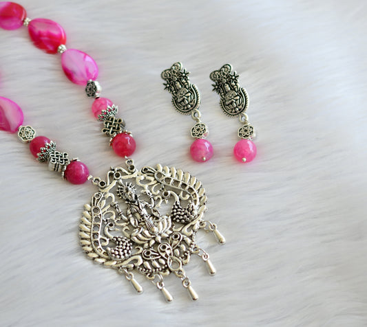 Silver tone pink agate lakshmi beaded necklace set dj-28569