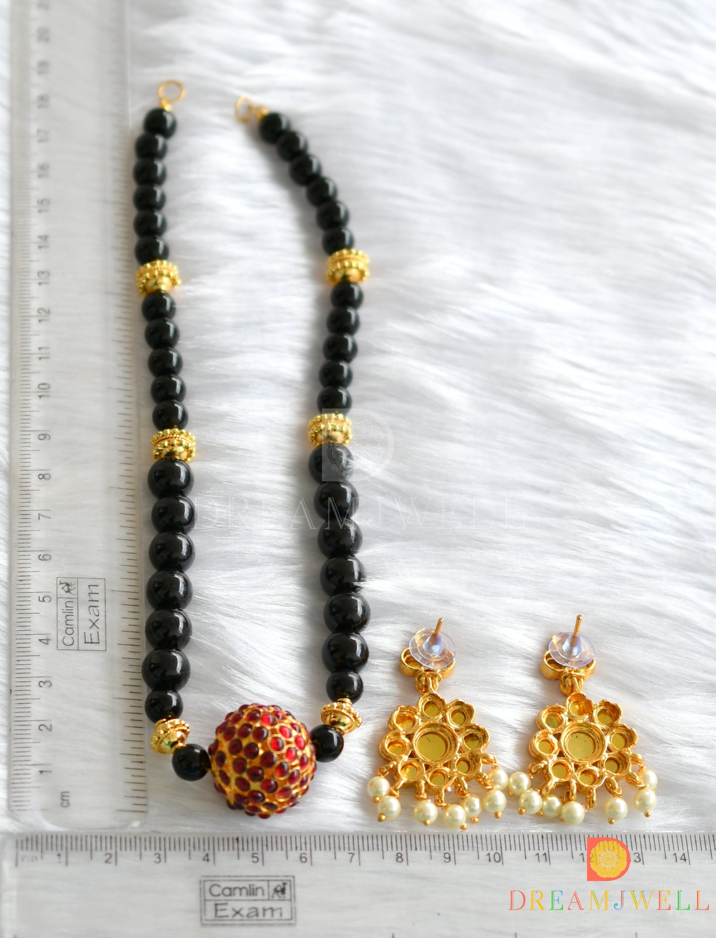 Gold tone kemp Rudhra ball Black beaded necklace set dj-19219