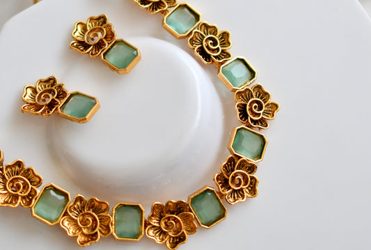 Antique gold flower sea green block stone necklace set dj-38684