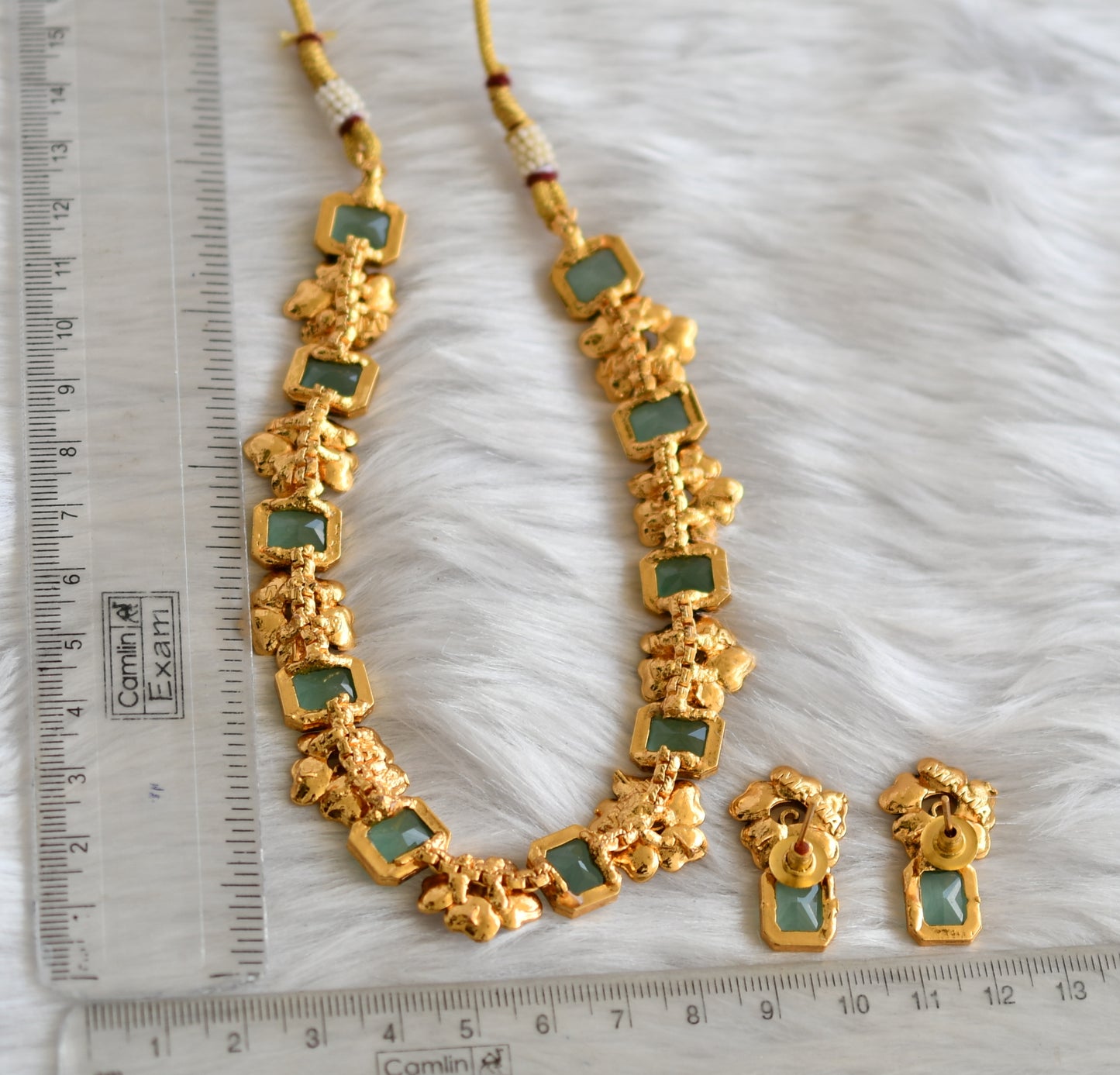 Antique gold flower sea green block stone necklace set dj-38684