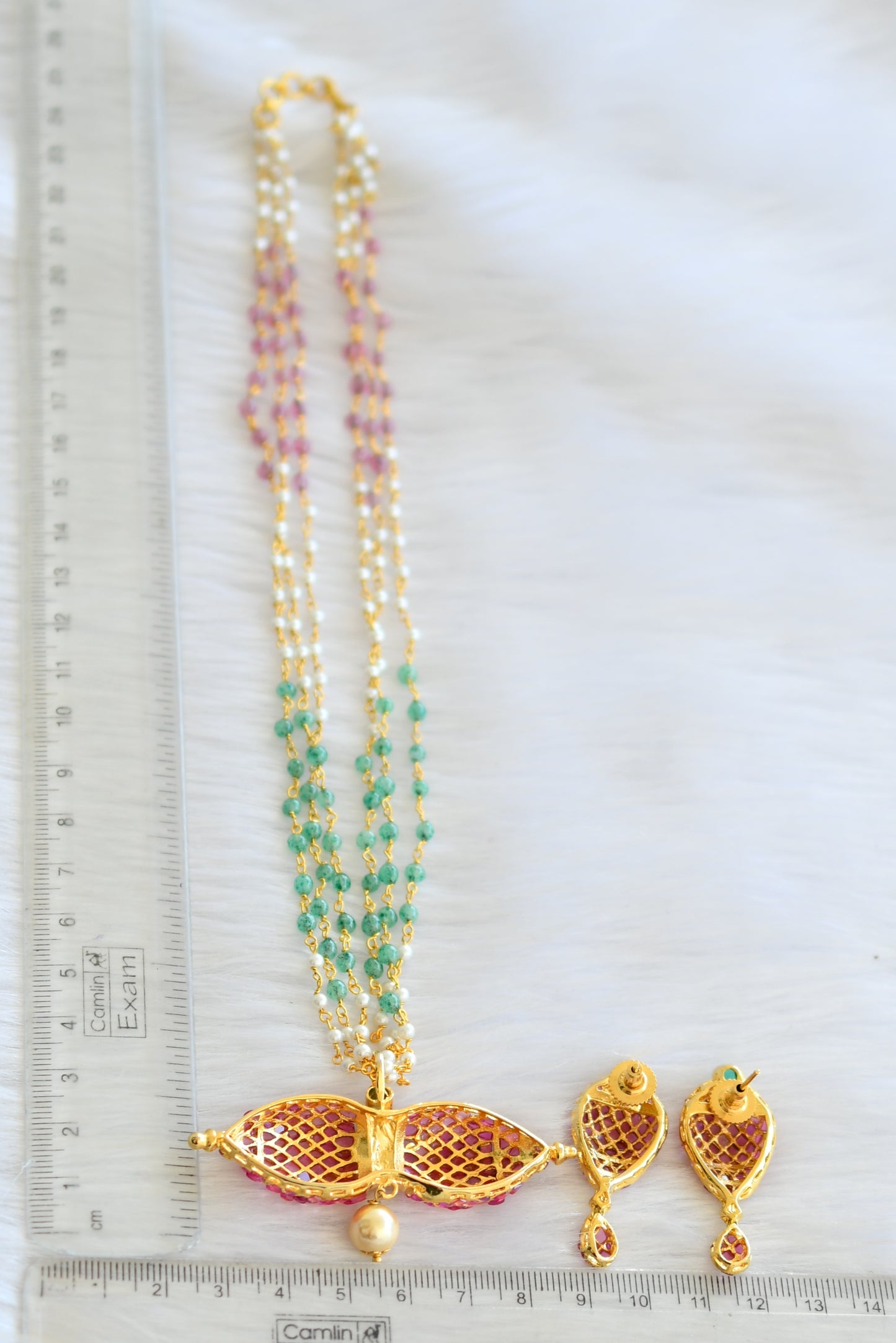 Gold tone uncut polki gold replica pearl chain necklace set dj-28778