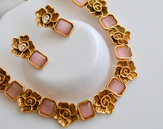 Antique gold flower baby pink block stone necklace set dj-38687
