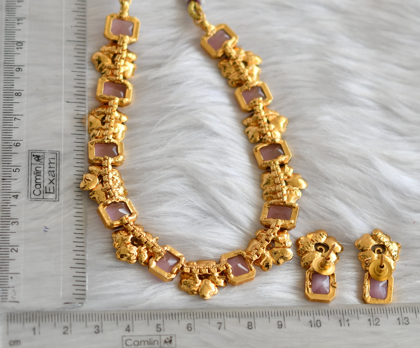 Antique gold flower baby pink block stone necklace set dj-38687
