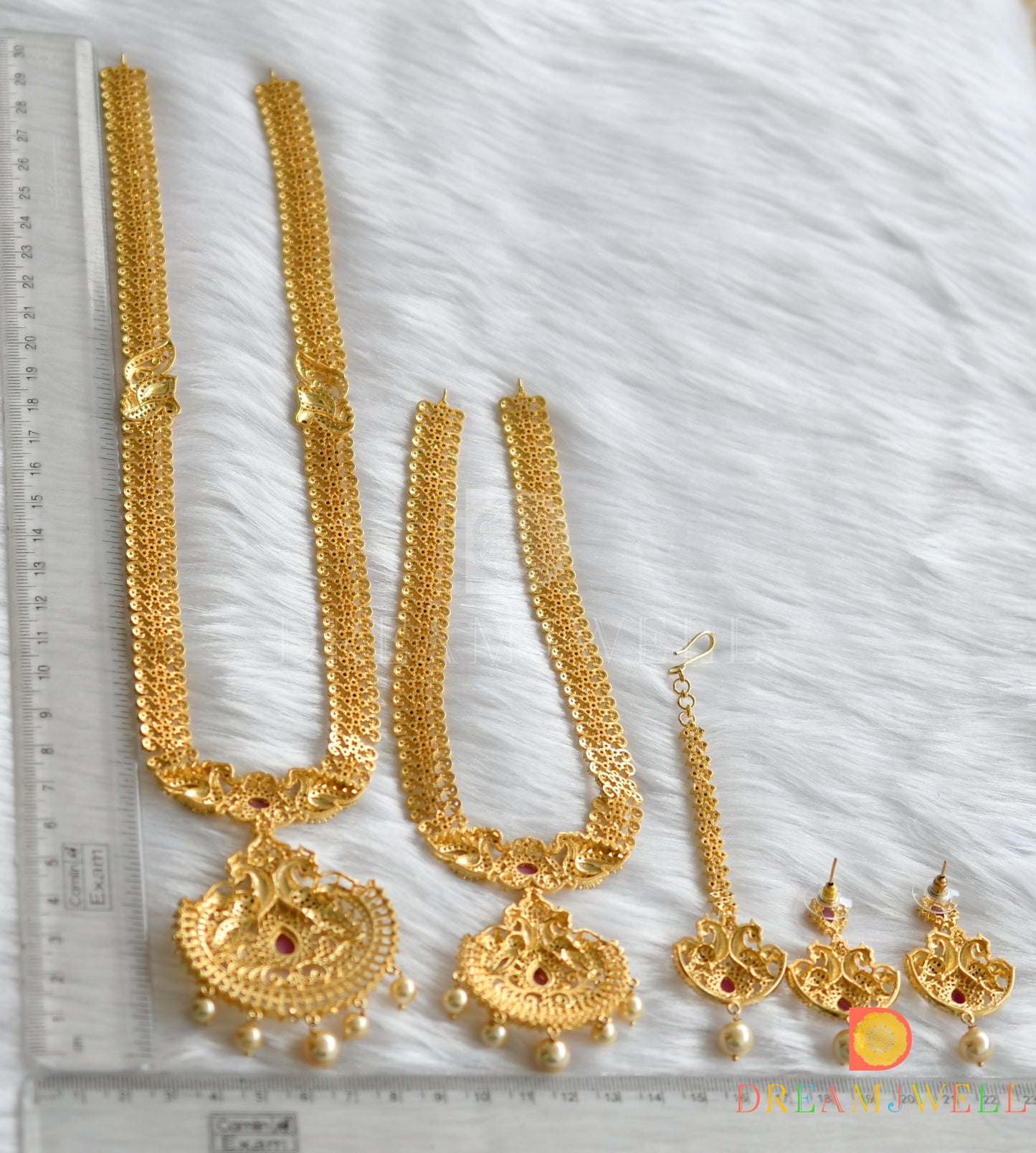 Gold tone cz-ruby-white semi bridal peacock set dj-16135