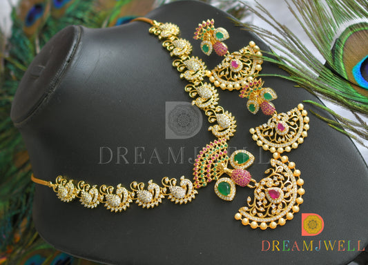 Gold tone cz ruby-emerald peacock necklace set dj-01770