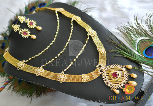 Gold tone cz-ruby-white multilayer haar set dj-05103