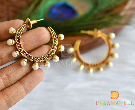 Antique finish maroon pearl hoop earrings dj-14990