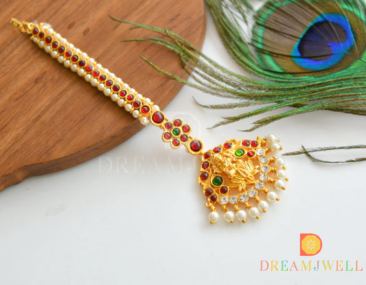 Gold tone kemp-green-white pearl Lakshmi tikka dj-36338