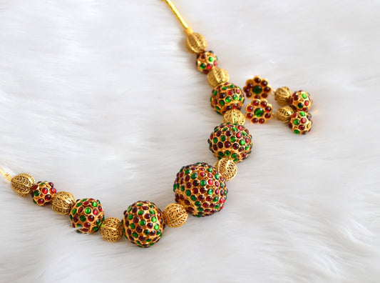 Gold tone Kemp-green Rudhra ball beaded Hasli necklace set dj-15125