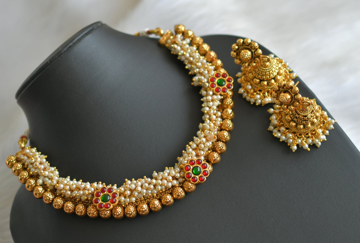 Antique kemp-green pearl cluster necklace set dj-41072