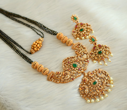 Matte finish ruby-green peacock double layer long mangalsutra set dj-28690