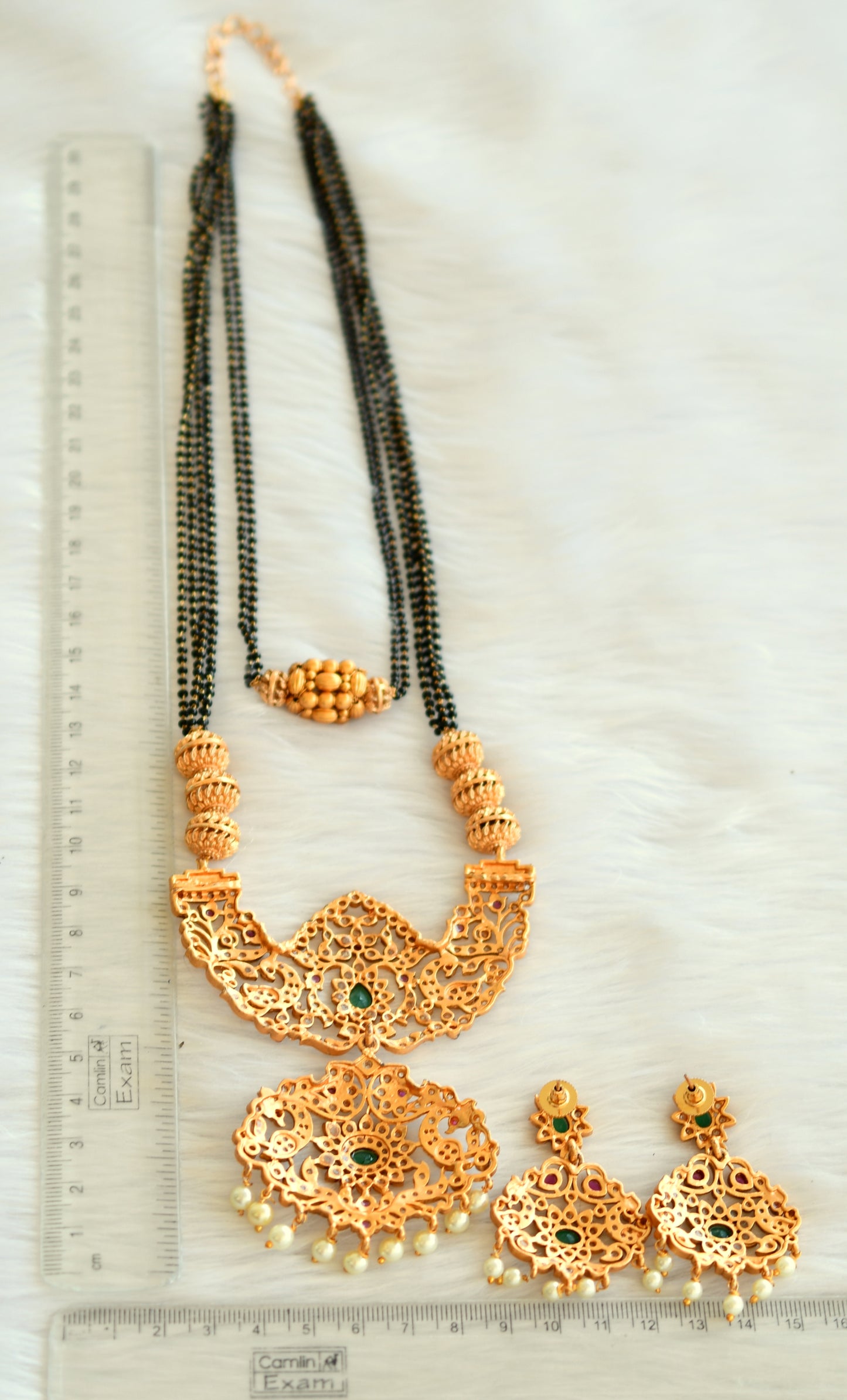 Matte finish ruby-green peacock double layer long mangalsutra set dj-28690