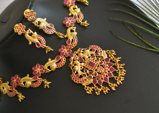 Gold tone ruby peacock necklace set dj-01927