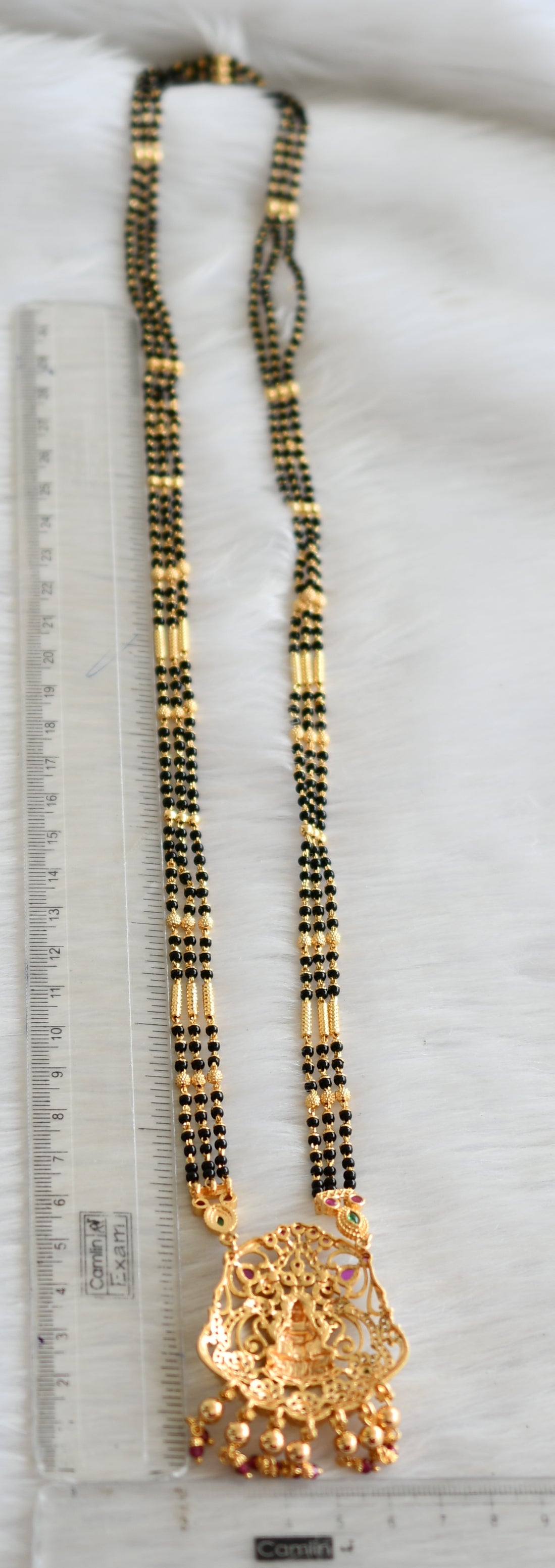 Gold tone kemp-green-white stone Lakshmi pendant mangalsutra dj-41094