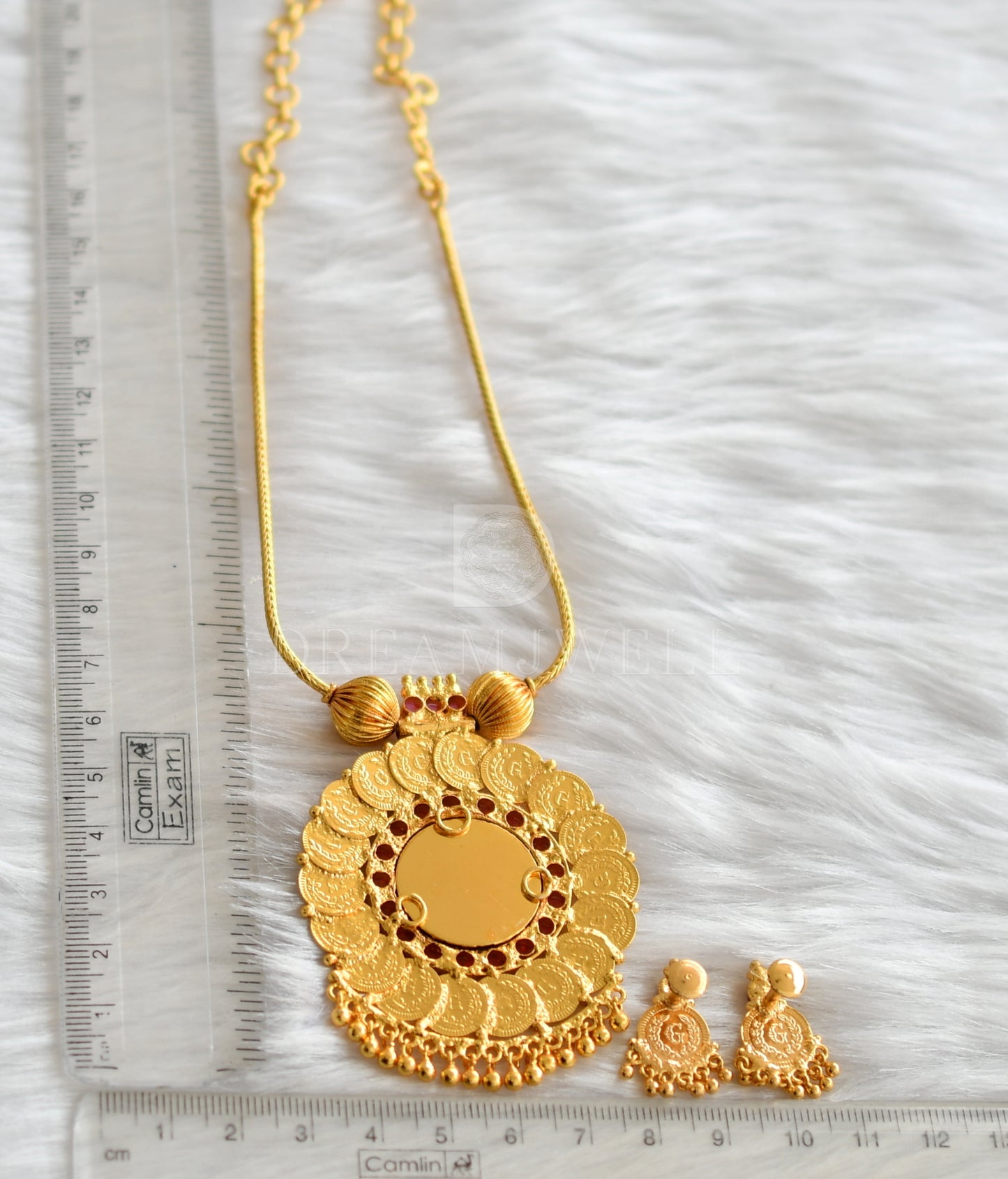 Gold tone kerala style pink-green round coin necklace set dj-34358