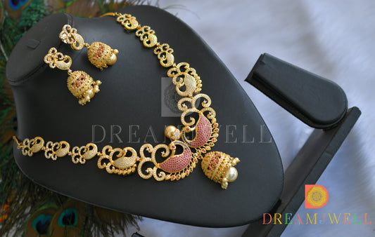 Gold tone cz-ruby peacock jhumkka pendant necklace set dj-01272