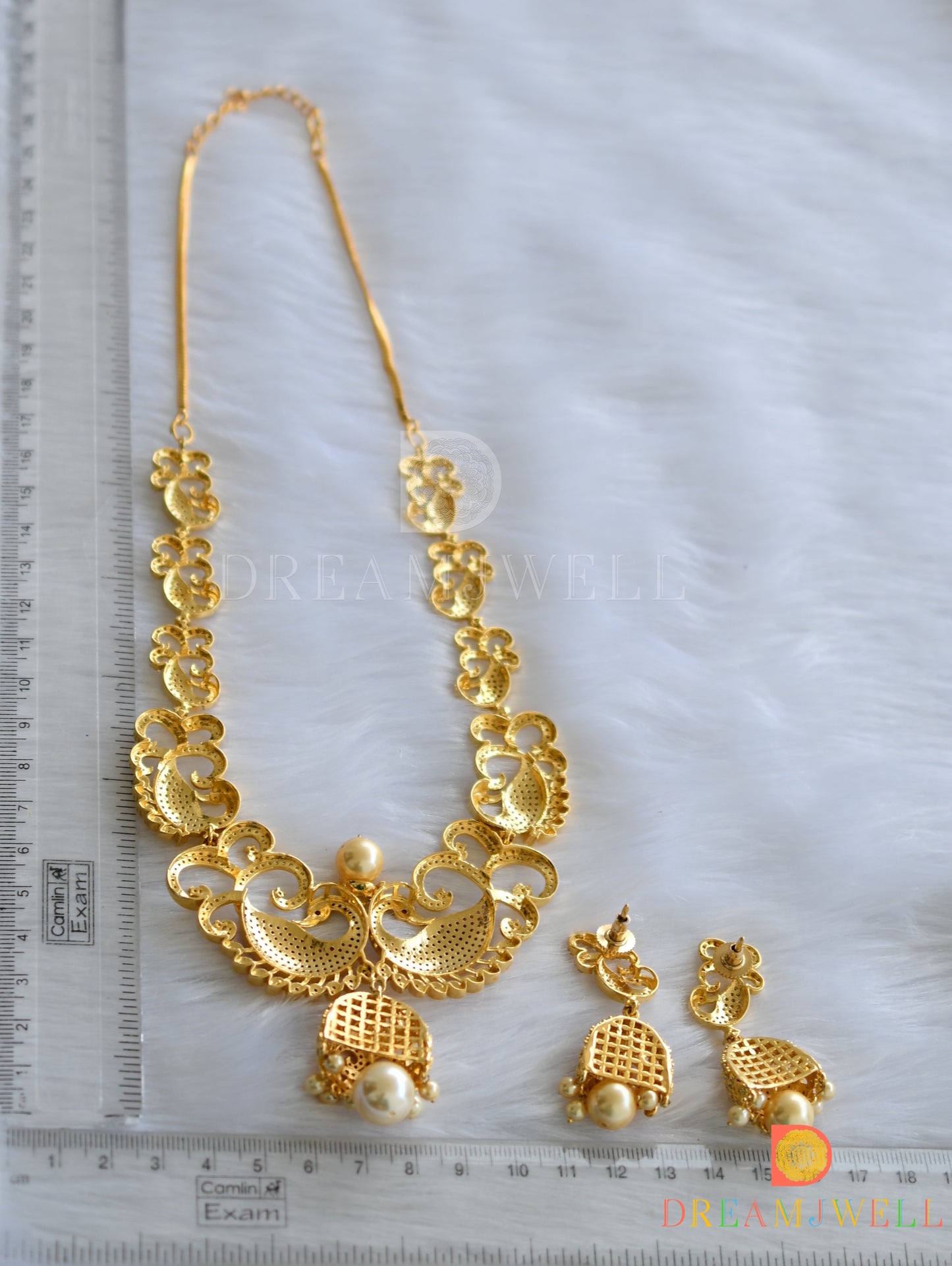 Gold tone cz-ruby peacock jhumkka pendant necklace set dj-01272