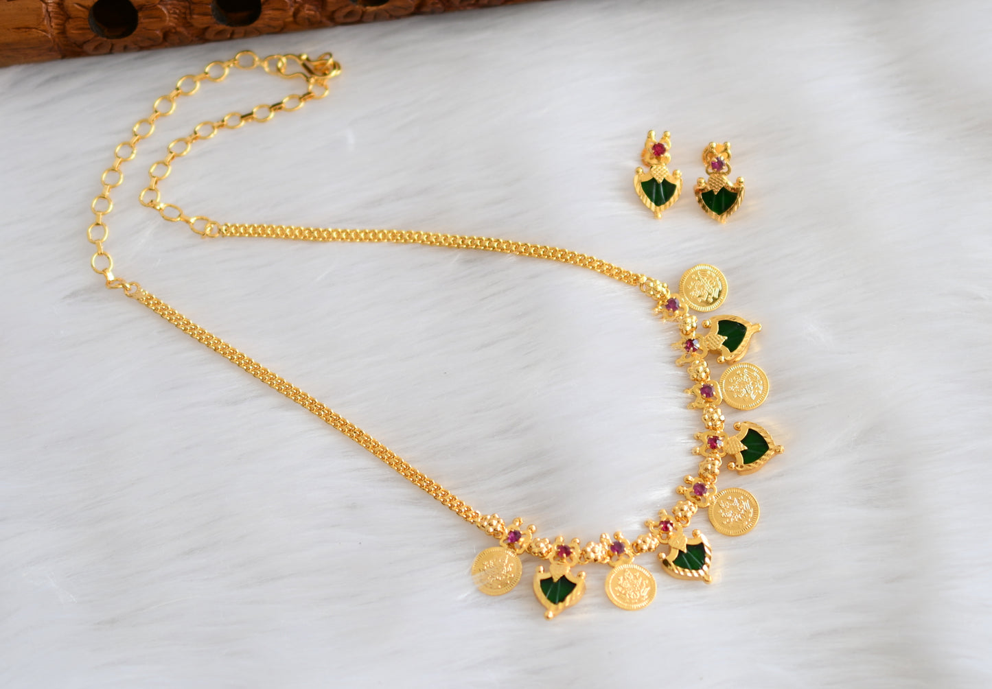 Gold tone kerala style pink-green palakka coin necklace set dj-27029