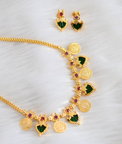 Gold tone kerala style pink-green palakka coin necklace set dj-27029