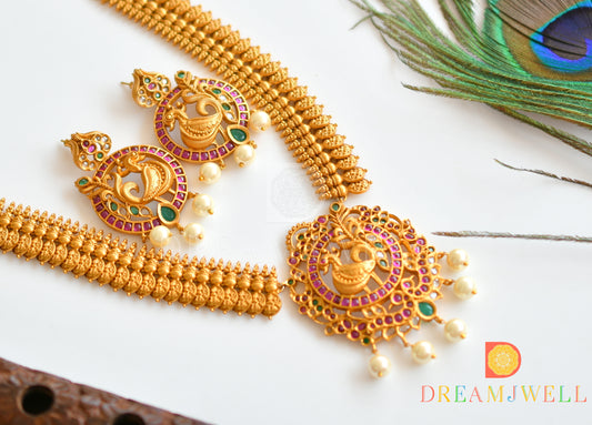 Matte Finish Kemp-green Peacock Lakshmi coin Haar Set DJ31110