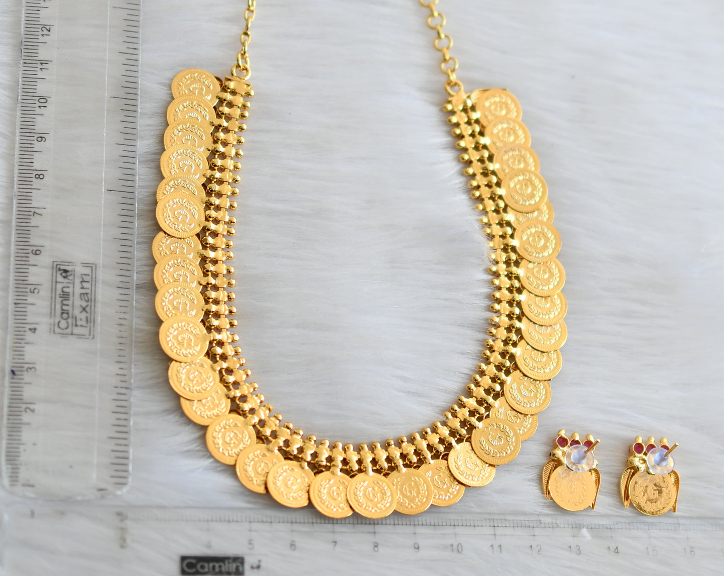 Gold tone leaf Lakshmi coin pink stone necklace set dj-37767