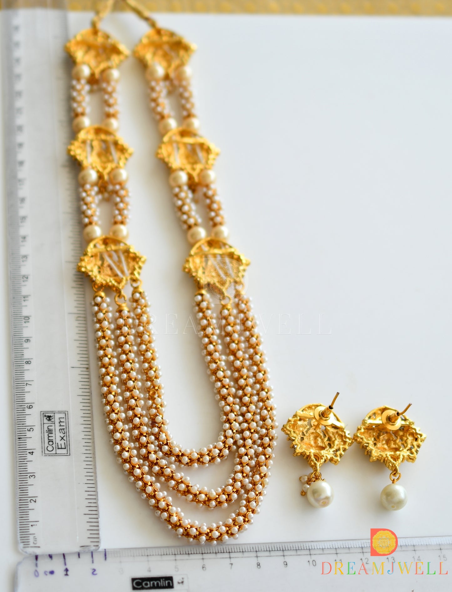Antique gold tone Pearl Lakshmi Mugappu Multilayer Necklace Set dj-12834