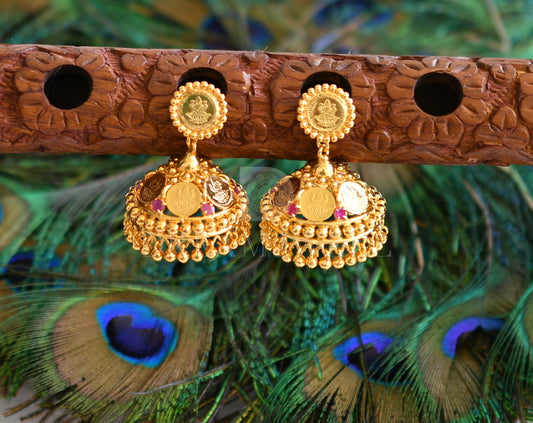 Gold tone ruby lakshmi coin jhumkka dj-32058