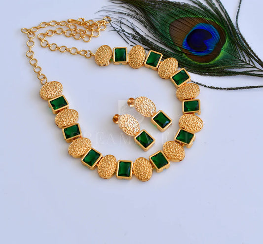 Gold tone sufi block stone necklace set