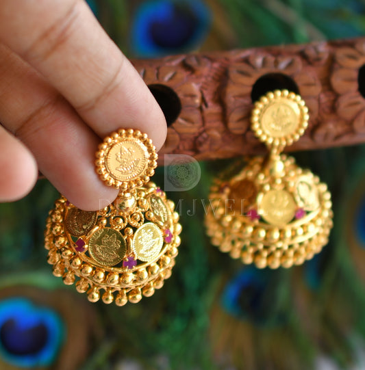 Gold tone ruby lakshmi coin jhumkka dj-32058